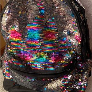 PINK VS backpack rainbow sequins multi pocket- two bottle holders